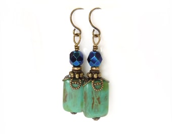 Turquoise Boho Earrings - Picasso Glass Rectangles - Metallic Blue Czech Beads - Antiqued Bronze - Blue Earrings - Free Shipping