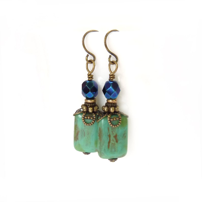 Turquoise Boho Earrings Picasso Glass Rectangles Metallic Blue Czech Beads Antiqued Bronze Blue Earrings Free Shipping image 1