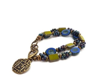 Boho Multistrand Charm Bracelet - Cobalt Blue & Green - Picasso Glass Rectangle  Beads - Ancient Coin Charm - Layering Stacking Bracelet