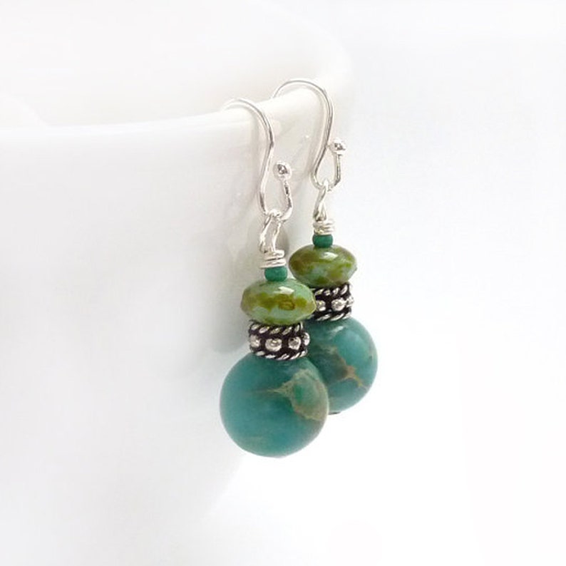 Turquoise & Silver Earrings Silver Bali Style Beads Southwestern Style Earrings Bohemian Jewelry Yoga Earrings image 4