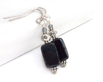 Black Earrings - Picasso Rectangle Czech Glass - Black & Gray - Simple Petite Earrings - Yoga Jewelry