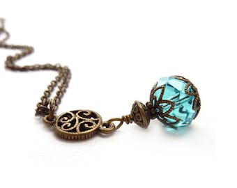 Aqua Blue Pendant - Bronze Filigree - Delicate Charm Necklace - Victorian Vintage Inspired Necklace - Jewelry Gift