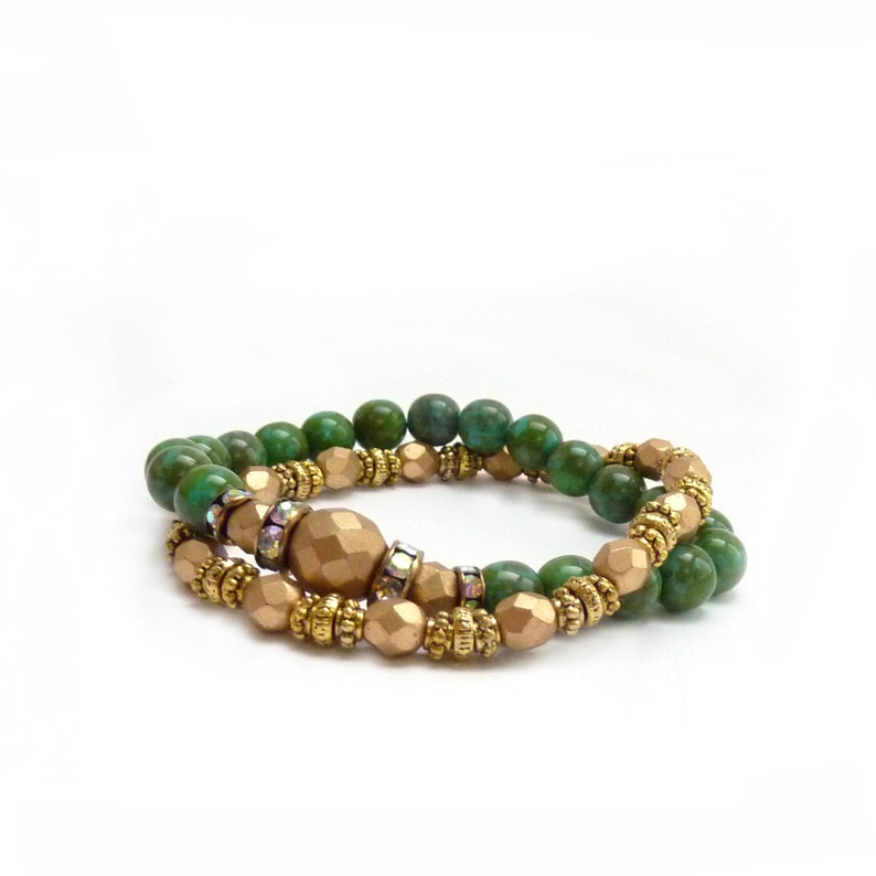 Turquoise Gold Bohemian Layering Bracelets Czech Glass Matte Metallic Beads Stretch Bracelet Stacks Boho Gift for Her image 5