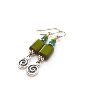 Olive Green Earrings - Picasso Rectangle Glass Beads - Silver Charms - Bohemian Dangle Earrings