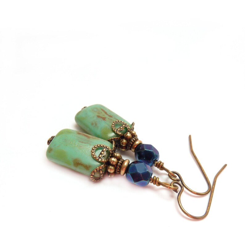 Turquoise Boho Earrings Picasso Glass Rectangles Metallic Blue Czech Beads Antiqued Bronze Blue Earrings Free Shipping image 4