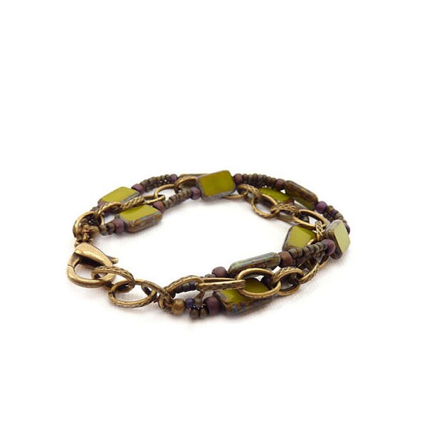 Olive Green Bohemian Beaded Bracelet - Picasso Glass Rectangles Beads - Purple Seed Beads - Brass Multistrand Bracelet - Free Shipping