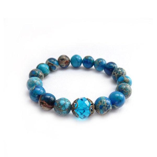 Royal Blue Stacking Bracelet - Aqua Terra Jasper Stones - Cobalt Blue - London Blue Crystal - Elastic Bohemian Bracelet