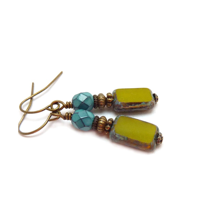 Green Glass Earrings Turquoise Aqua Avocado Picasso Czech Glass Petite Drop Earrings Yoga Jewelry image 4