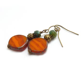 Orange Boho Dangle Earrings - Picasso Czech Glass - Blue/Green Earrings - Bohemian Hippie Earrings - Free Shipping