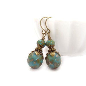 Periwinkle Blue Earrings - Picasso Czech Glass - Bronze Vintage Style Accents - Bohemian Earrings