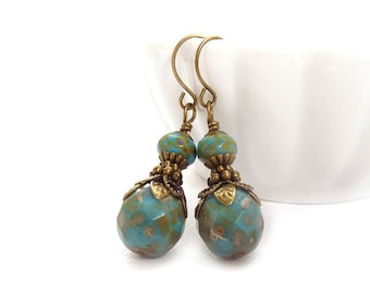 Periwinkle Blue Earrings - Picasso Czech Glass - Bronze Vintage Style Accents - Bohemian Earrings