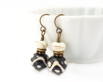 Black & White Batik Bone Earrings - Tribal Boho Earrings - Howlite Stones - Petite Dangles - Yoga Jewelry