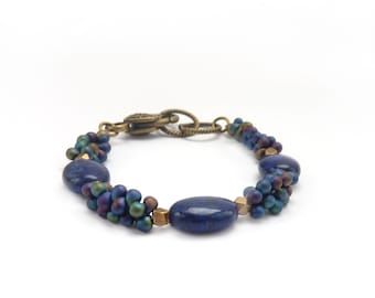 Dark Blue Lapis Bracelet - Navy Blue - Multistrand Seed Bead - Bohemian Layering Bracelet