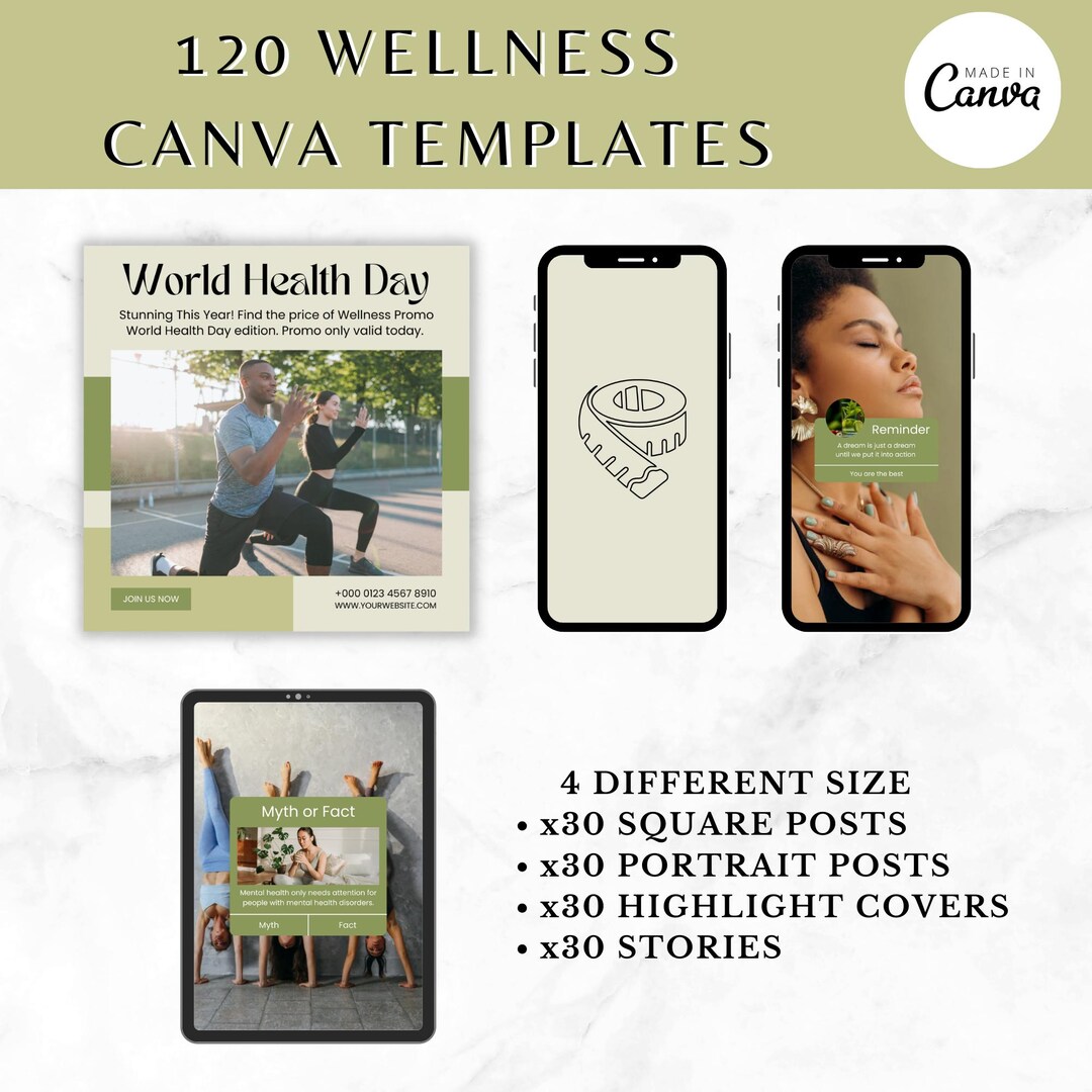 120 Green Wellness Canva Templates for Coaches Instagram Posts, Stories ...