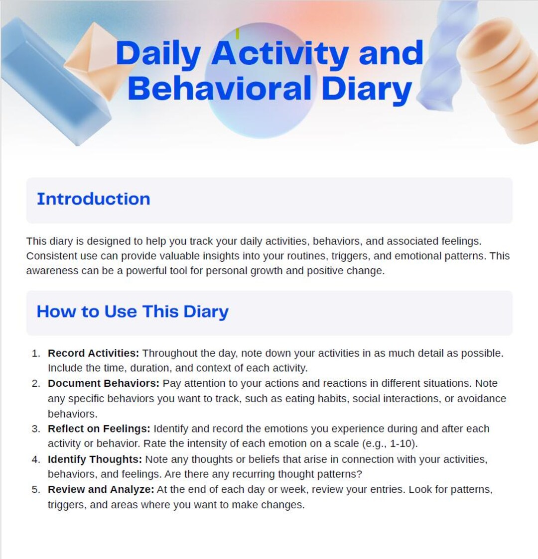 Behavior Diary Printable | Mood and Energy Tracker + Daily Schedule ...