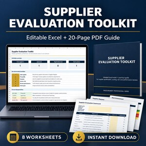 Puede incluir: Un kit de herramientas de evaluación de proveedores con un portátil que muestra un panel de Excel, una guía PDF de 20 páginas y hojas de puntuación impresas. El texto dice Supplier Evaluation Toolkit, Editable Excel y 8 Worksheets.