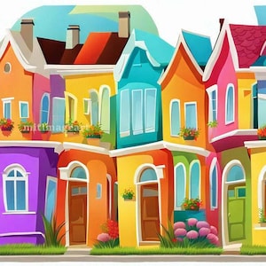 12 High Quality Designs of Landscape Designs of Colorful Houses Clip Art 12 JPGs - Digital Print,, Commercial Use - Digital Download