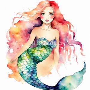 8 High Quality Designs of Watercolor Mermaid Clip Art 8 JPGs - Digital Print, Watercolor, Wall Art, Commercial Use - Digital Download