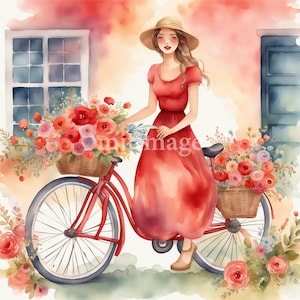 8 High Quality Designs of Woman On Bicycle, Clip Art 8 JPGs - Digital Print, Watercolor, Wall Art, Commercial Use - Digital Download