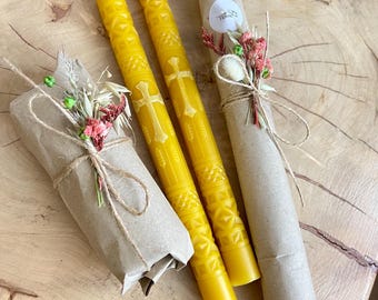 Handmade Beeswax Ritual Candle with Cross | Natural Honey Wax Spiritual Candle
