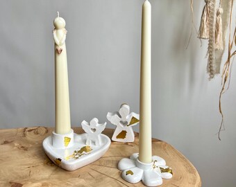 Angel Plaster Candle Holder Set | Gold Leaf Accents