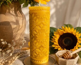 Beeswax Ceremony Candle, Geometric Folk Pillar, Ethnic Home Decor