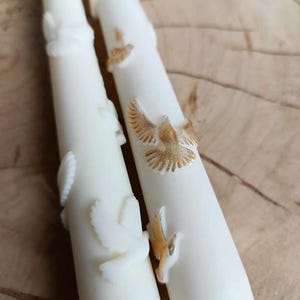 Olive Wax Wedding Taper Candle: Handcrafted Dove with Gold Shimmer