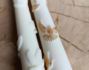 Olive Wax Wedding Taper Candle: Handcrafted Dove with Gold Shimmer