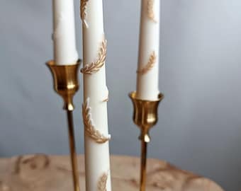 Handmade Olive Wax Taper Candle: Rustic Wheat Relief, Gold Shimmer