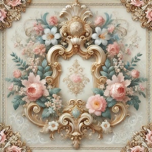 May include: A gold ornate frame with floral details and pink flowers. The frame is decorated with intricate carvings and scrolls.