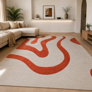 Abstract Hand Tufted Wool Rug, Modern Ivory & Rust Orange Area Rug, Luxury Handmade Living Room Carpet, Contemporary Home Decor