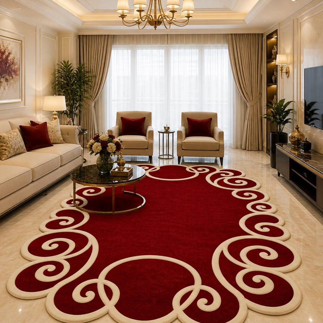 Scroll Rugs Hand Tufted Red Cream Scroll Pattern Wool Area Rug, Living Room Decor ...