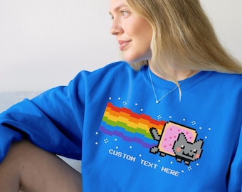 Custom Nyan Cat Sweatshirt, Gamer Meme Gift, 2000s Pixel Art Pop-Tart Cat Crewneck, Funny Cat Meme Hoodie, Vaporwave Aesthetic