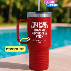Personalized Hockey Mom 40 oz Travel Mug, Custom Player Name and Number, Gift for Hockey Moms, Tumbler with Handle, Sports Coach Gift