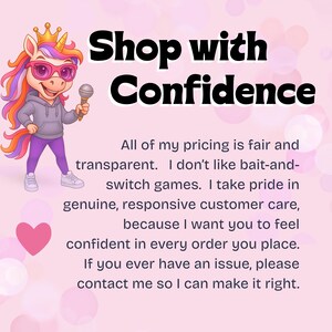 K&ouml;nnte beinhalten: Rosafarbener Hintergrund mit dem Text "Shop with Confidence" in Schwarz. Ein Cartoon-Einhorn mit Sonnenbrille und Krone h&auml;lt ein Mikrofon. Der Text darunter betont das Engagement des Verk&auml;ufers f&uuml;r faire Preise und Kundenservice.