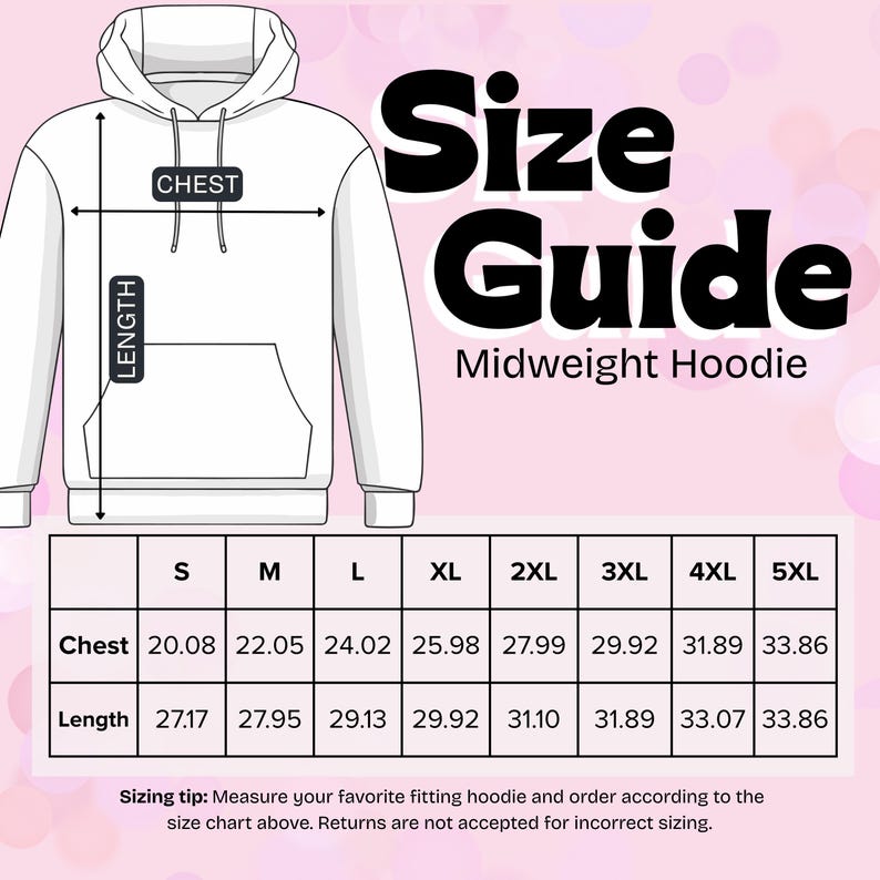 K&ouml;nnte beinhalten: Wei&szlig;er Midweight-Hoodie mit Gr&ouml;&szlig;entabelle. Die Tabelle zeigt Brust- und L&auml;ngenma&szlig;e in Zentimetern f&uuml;r die Gr&ouml;&szlig;en S bis 5XL. Der Text "Size Guide" und "Midweight Hoodie" sind ebenfalls sichtbar.