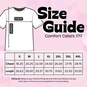 K&ouml;nnte beinhalten: Ein wei&szlig;es T-Shirt mit einer Gr&ouml;&szlig;entabelle. Die Tabelle zeigt Brust- und L&auml;ngenma&szlig;e in Zoll f&uuml;r die Gr&ouml;&szlig;en S bis 4XL. Der Text "Size Guide" und "Comfort Colors 1717" sind ebenfalls abgebildet.