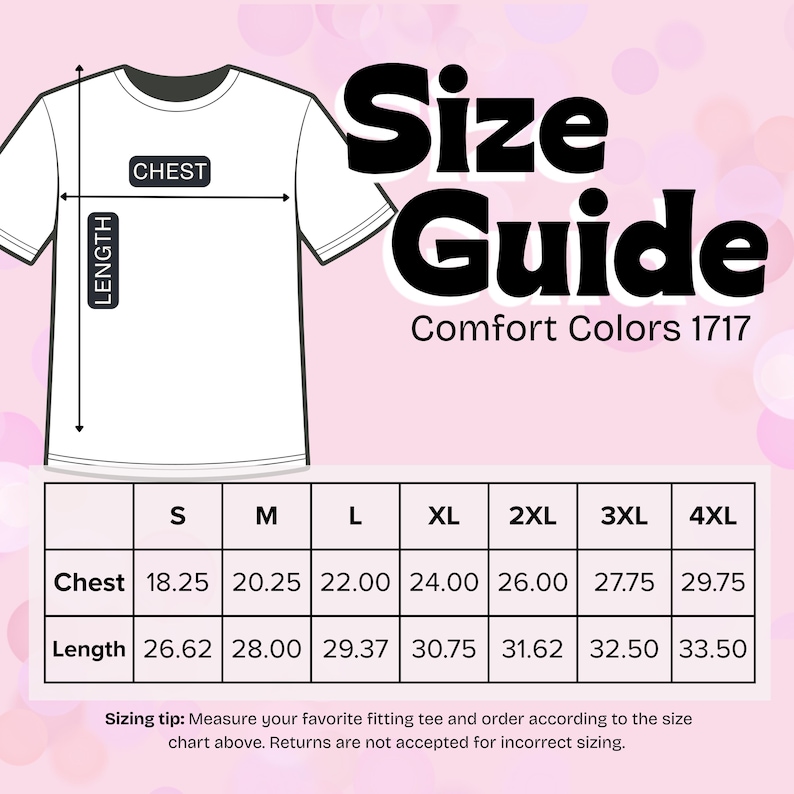 K&ouml;nnte beinhalten: Ein wei&szlig;es T-Shirt mit einer Gr&ouml;&szlig;entabelle. Die Tabelle zeigt Brust- und L&auml;ngenma&szlig;e in Zoll f&uuml;r die Gr&ouml;&szlig;en S bis 4XL. Der Text "Size Guide" und "Comfort Colors 1717" sind ebenfalls abgebildet.