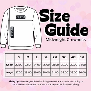 K&ouml;nnte beinhalten: Wei&szlig;es Crewneck-Sweatshirt mit Gr&ouml;&szlig;entabelle. Die Tabelle zeigt Brust- und L&auml;ngenma&szlig;e in cm f&uuml;r die Gr&ouml;&szlig;en S bis 5XL. Der Text "Size Guide Midweight Crewneck" ist ebenfalls sichtbar.
