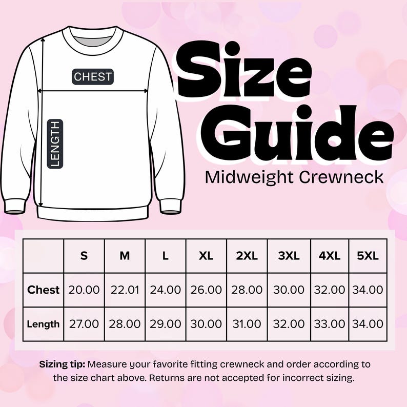 K&ouml;nnte beinhalten: Wei&szlig;es Crewneck-Sweatshirt mit Gr&ouml;&szlig;entabelle. Die Tabelle zeigt Brust- und L&auml;ngenma&szlig;e in cm f&uuml;r die Gr&ouml;&szlig;en S bis 5XL. Der Text "Size Guide Midweight Crewneck" ist ebenfalls sichtbar.