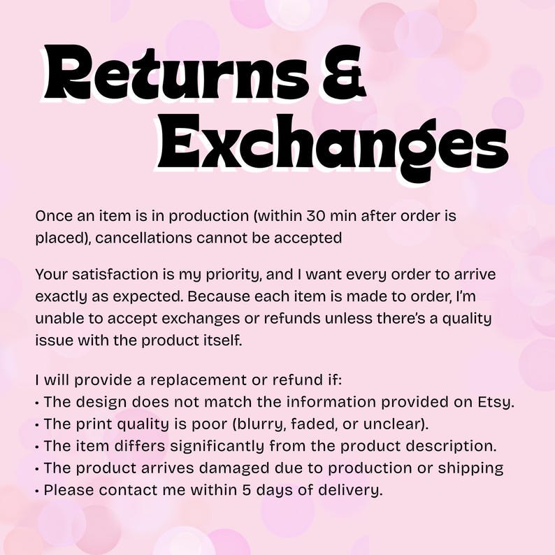 K&ouml;nnte beinhalten: Bild mit dem Text "Returns & Exchanges" in fetter, schwarzer Schrift. Der Text befindet sich auf einem rosa und wei&szlig;en Hintergrund. Der Text darunter erl&auml;utert die R&uuml;ckgabe- und Umtauschrichtlinien, einschlie&szlig;lich der Bedingungen f&uuml;r Ersatz oder R&uuml;ckerstattung.