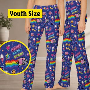 Nyan Cat Merch, Cozy Kids Lounge Pants, Youth Sizes, Gift for Gamer Kids, Part Tart Cat Pajama Pants, 8-Bit Cat Pjs