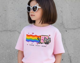 Custom Youth Nyan Cat Heart Shirt for Kids, Retro Pixel Rainbow Cat Gamer Tee, Poptart Cat Scenecore Cute Gift, Custom Birthday Shirt