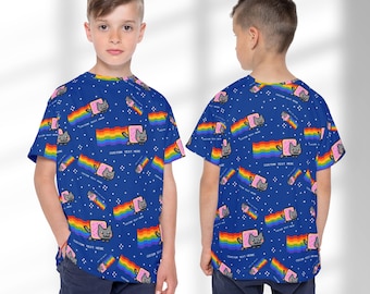 Custom Nyan Cat Kids Shirt | Vaporware Scenecore Top | Moisture-Wicking Pixel Rainbow Cat Tee | Gamer Girl Boy Gift