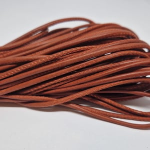 May include: A close-up shot of a pile of brown leather cord. The cord is tightly coiled and has a smooth, slightly glossy texture. The colour is a warm, reddish-brown, and the cord appears to be new.