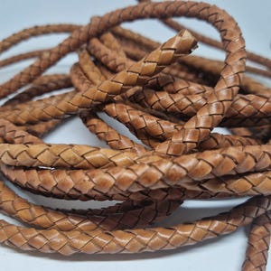 Puede incluir: Un cordón de cuero trenzado de color marrón claro. El cordón está tejido en un patrón apretado e intrincado.