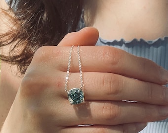 Marie Brilliant Blue Green Moissanite Center Pendant Silver Necklace