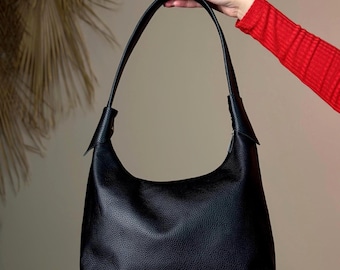 Soft Black Leather Hobo Bag-Slouchy Shoulder Purse for Women,Handmade Genuine Leather Handbag