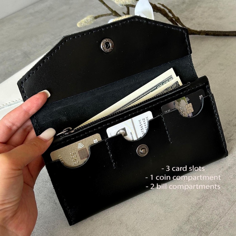 May include: Open black leather wallet with three card slots, a coin compartment, and two bill compartments. The wallet is open, revealing cash and credit cards. The wallet is held by a person.