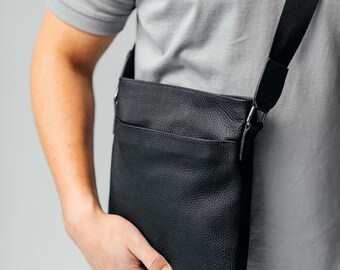 Mens Leather Tablet Crossbody Bag -Handmade iPad Messenger for Him,Genuine Shoulder Bag
